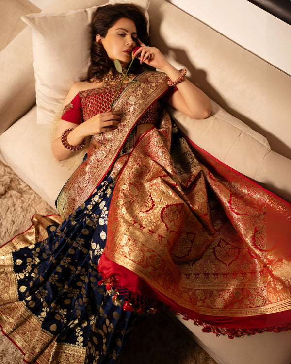 Red and Blue Dual Tone Pure Banarasi Saree with All-Over Floral and Hand Embroidery Border.