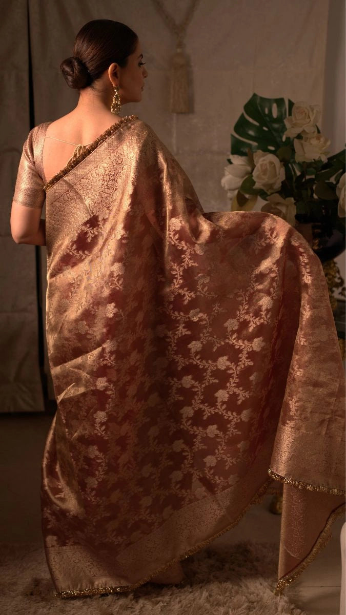 Orange Banarasi Silk Saree with Pure Gold Zari Floral Weaving and Matching Checked Blouse