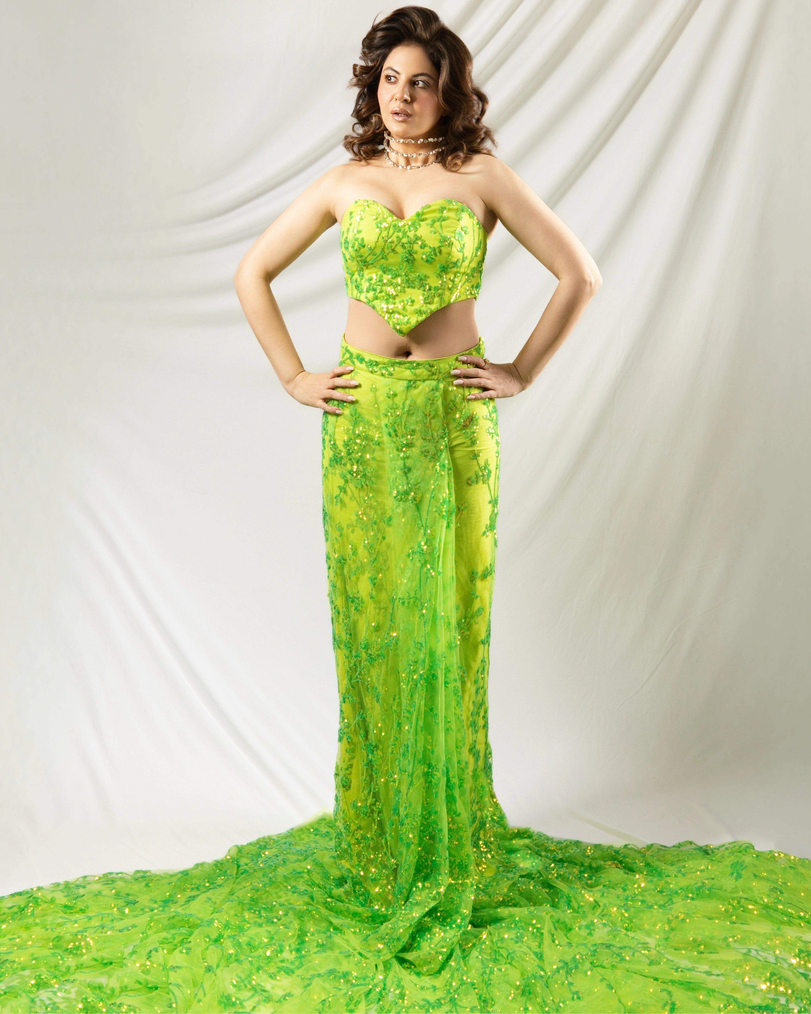 Fluorescent Green Sheza Pre-Draped Saree Co-ord Set by Label Nonita