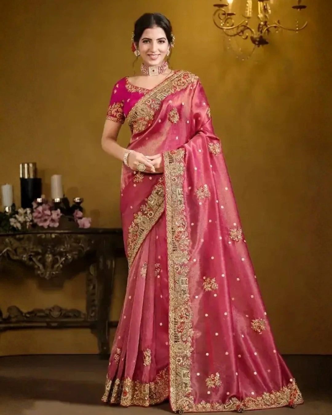 Pink Silk Saree with Embroidery Pallu Borders Design and Matching Embroidery Blouse