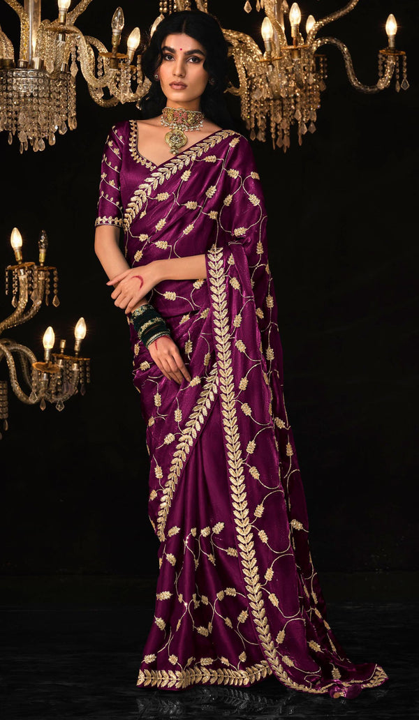 Purple Organza Silk Saree with Thread Vine and Leaf Pattern and Sequin Embroidery Work