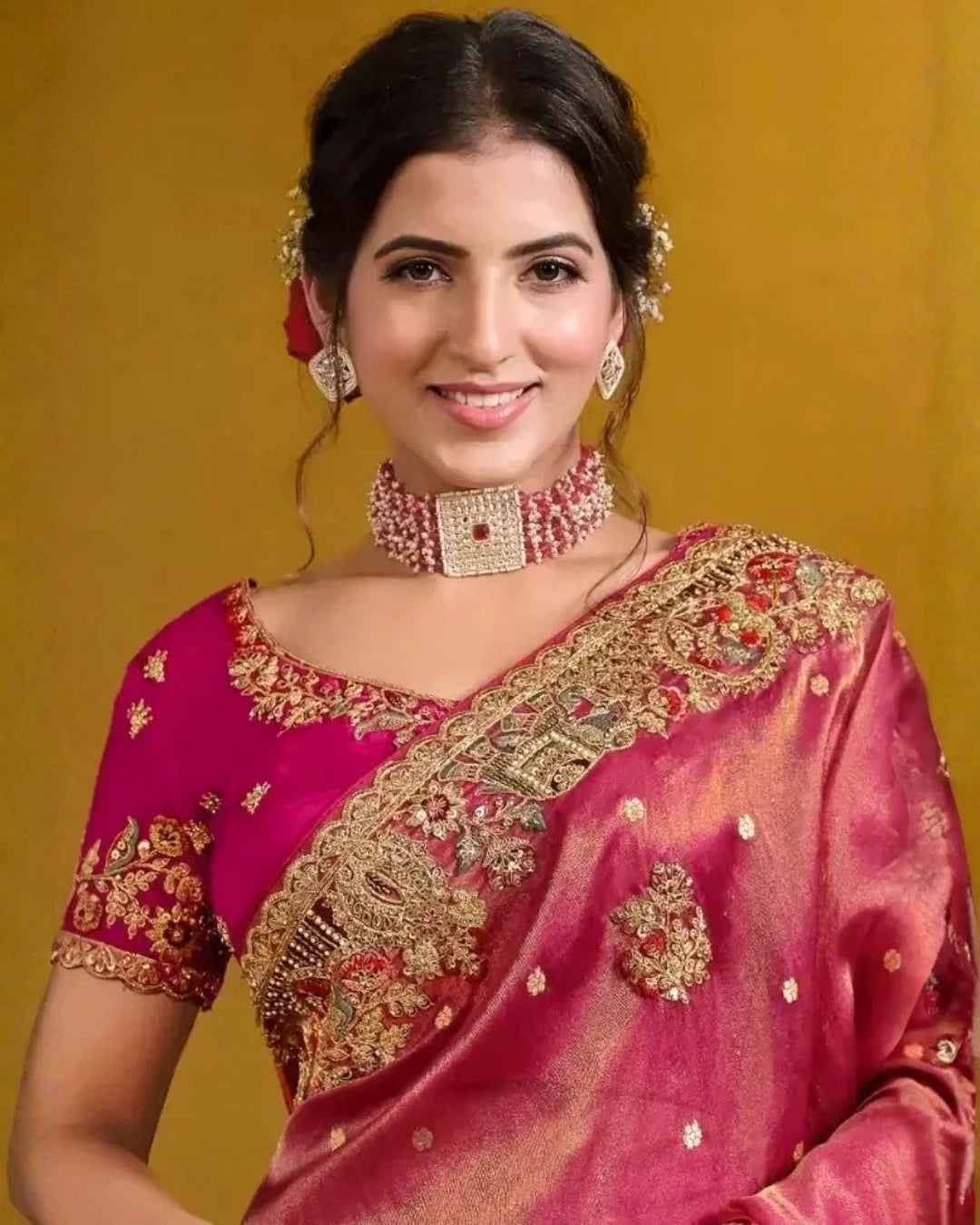 Pink Silk Saree with Embroidery Pallu Borders Design and Matching Embroidery Blouse