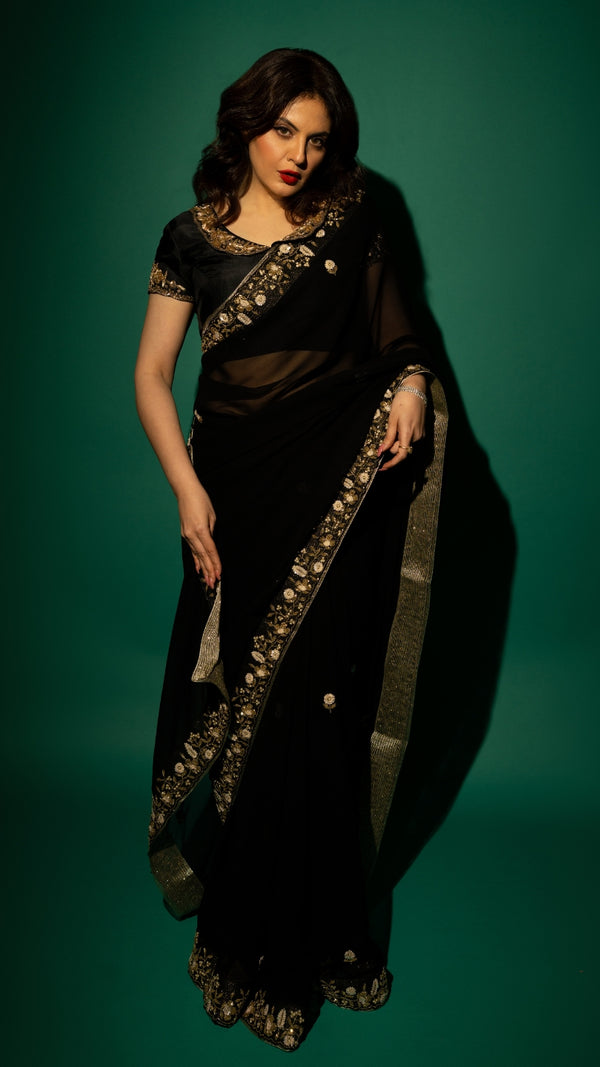 Black Hand Embroidered Georgette Saree and Matching Floral Embroidered Blouse