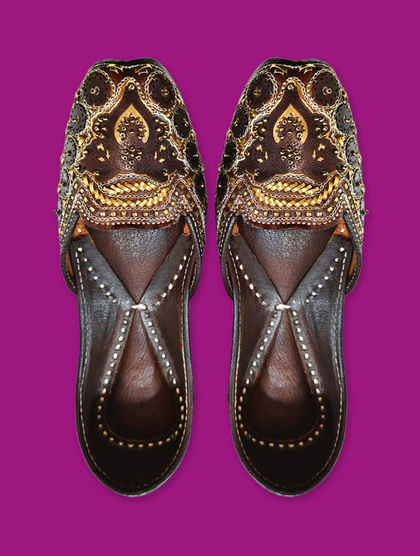 Brown Jutti with Golden Zardozi work and metallic embellishments - Nonita Fashion