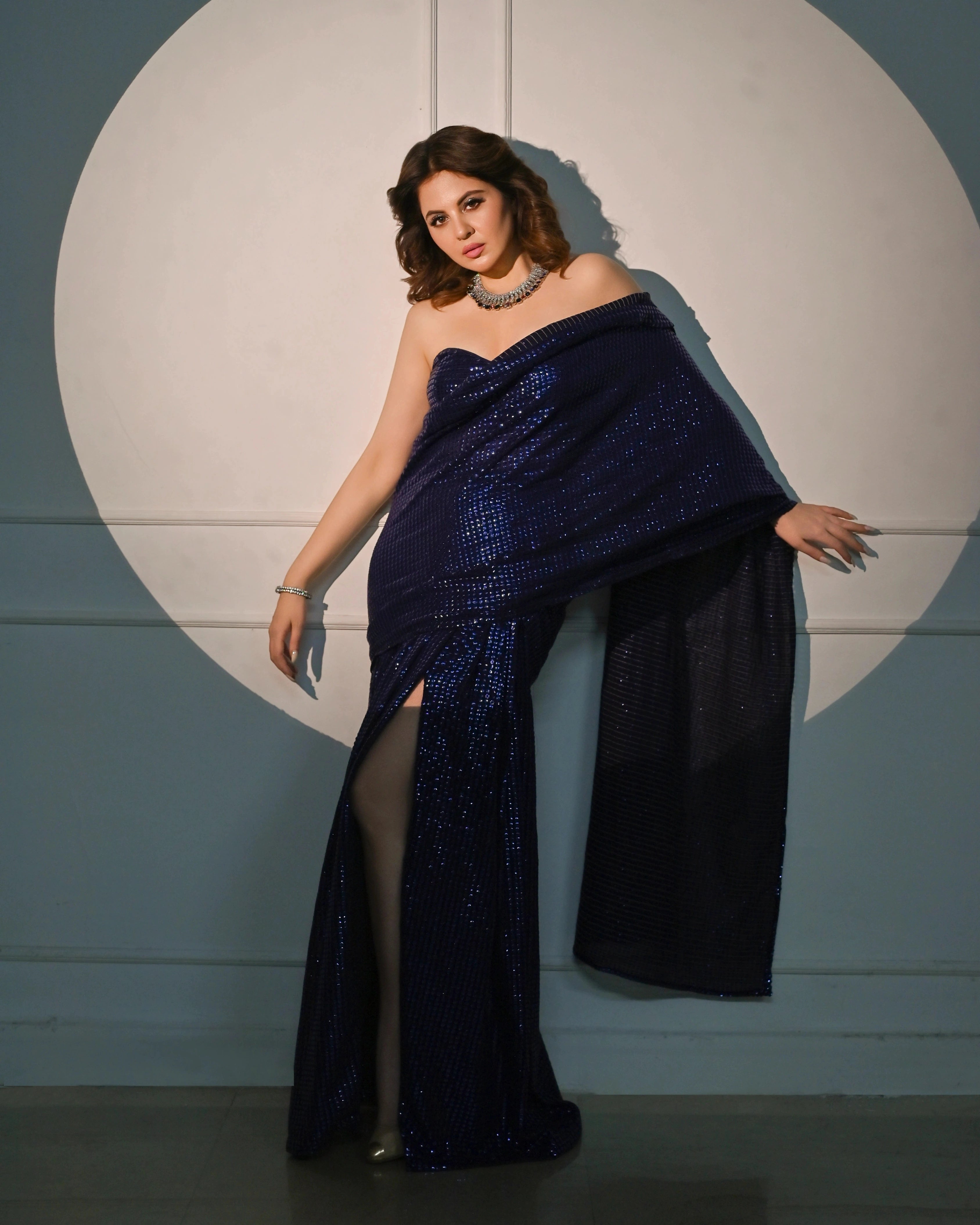 Royal Blue Georgette Saree with All-Over Gold Sequin Work and Matching Blouse
