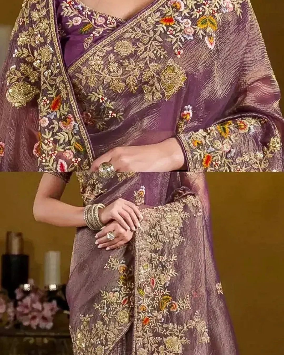 Purple Silk Saree with Embroidery Pallu Borders Design and Matching Embroidery Blouse