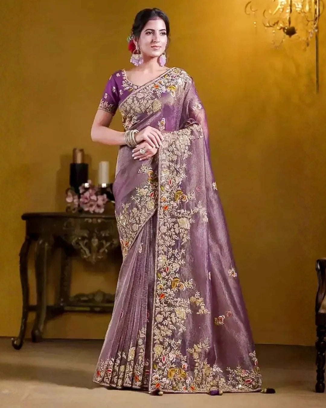 Purple Silk Saree with Embroidery Pallu Borders Design and Matching Embroidery Blouse