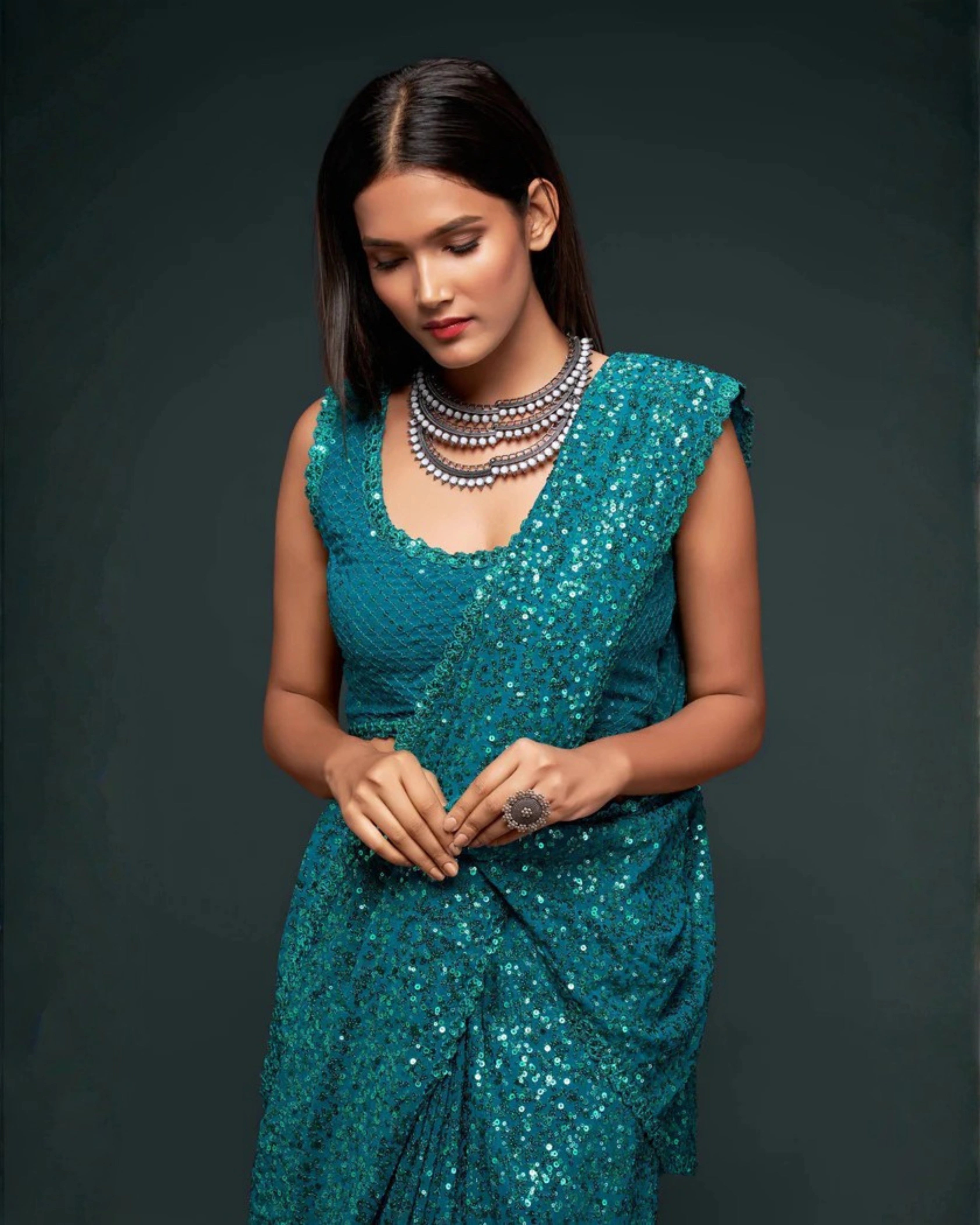 Blue Georgette Saree with All Over Shimmer Sequin Work and Matching Sequin Blouse