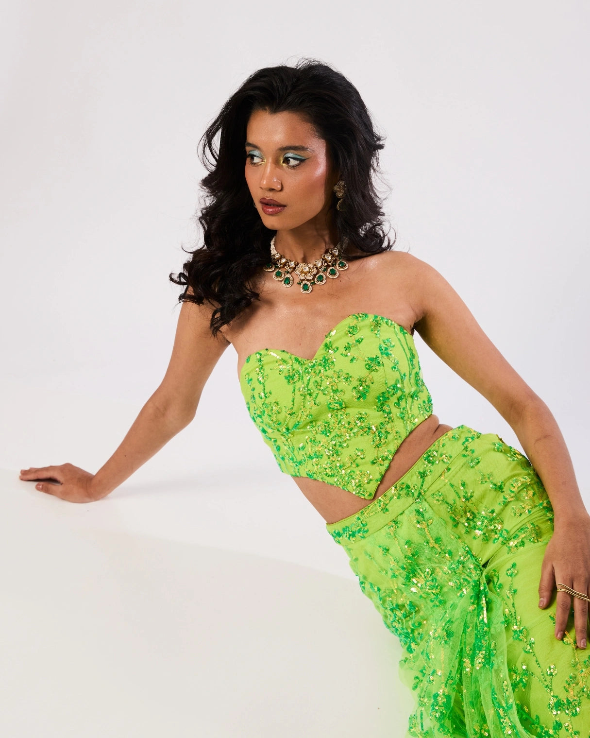 Verde Glow Sequin Tube Heart Shape Blouse