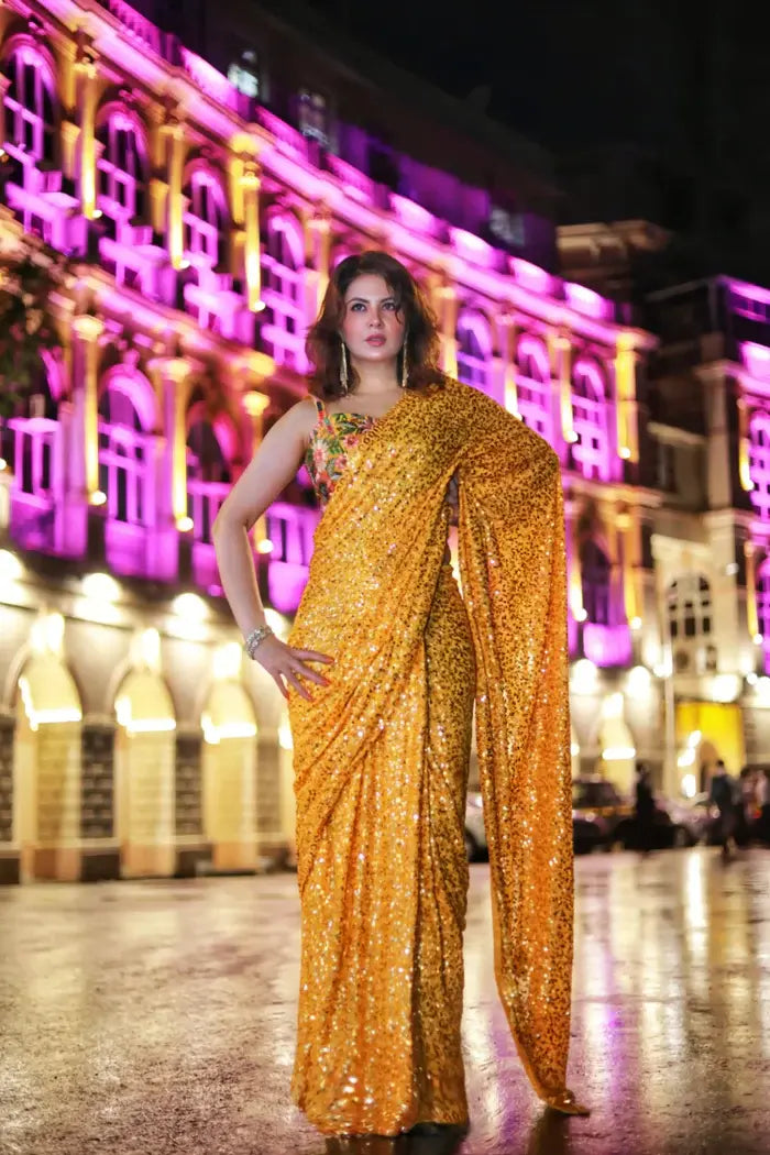 Yellow Sequin Georgette Saree with Floral Detail Mirror Work Blouse by Label Nonita