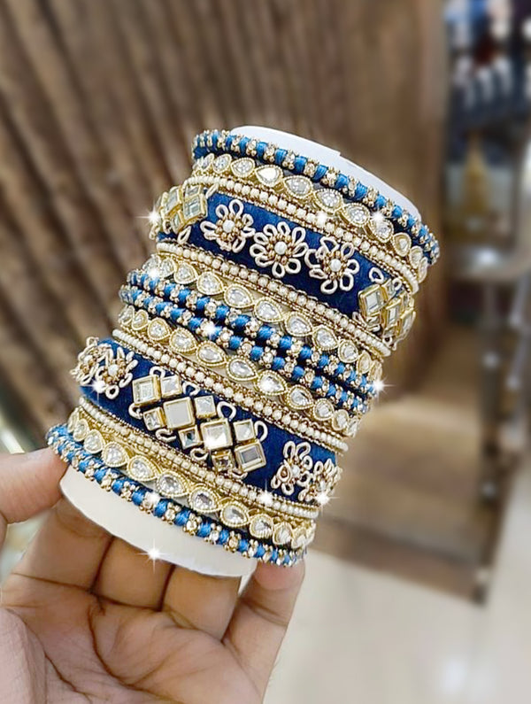 Majestic Blue Bangles with Zarkan, Mirror, and Zari Work - Nonita Fashion