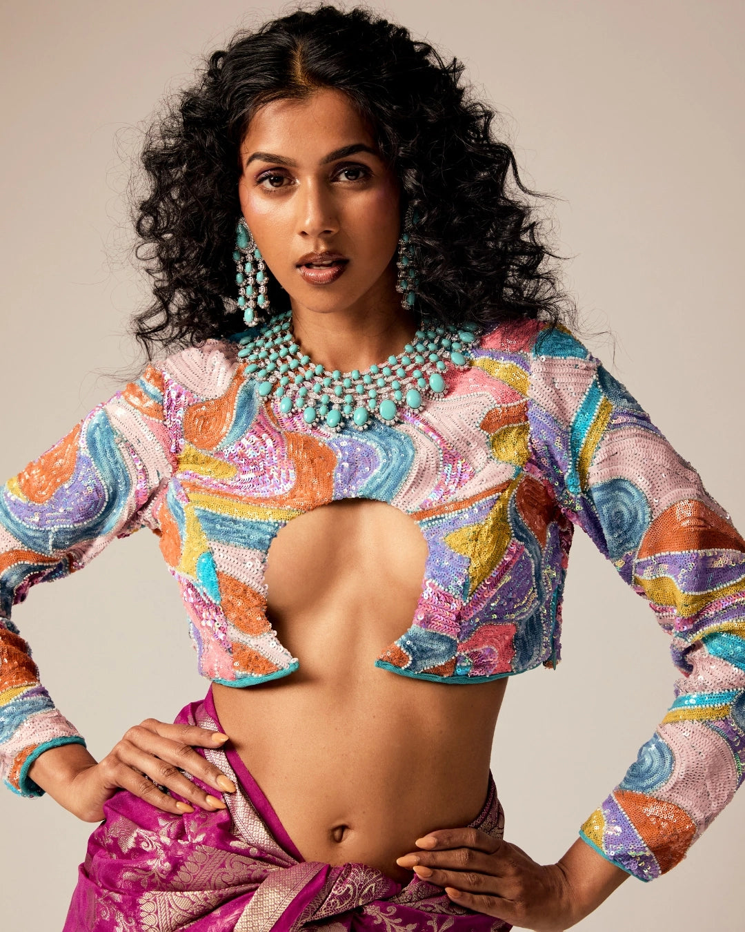 Multicolor Silk Full Sleeve Cut-Out Blouse