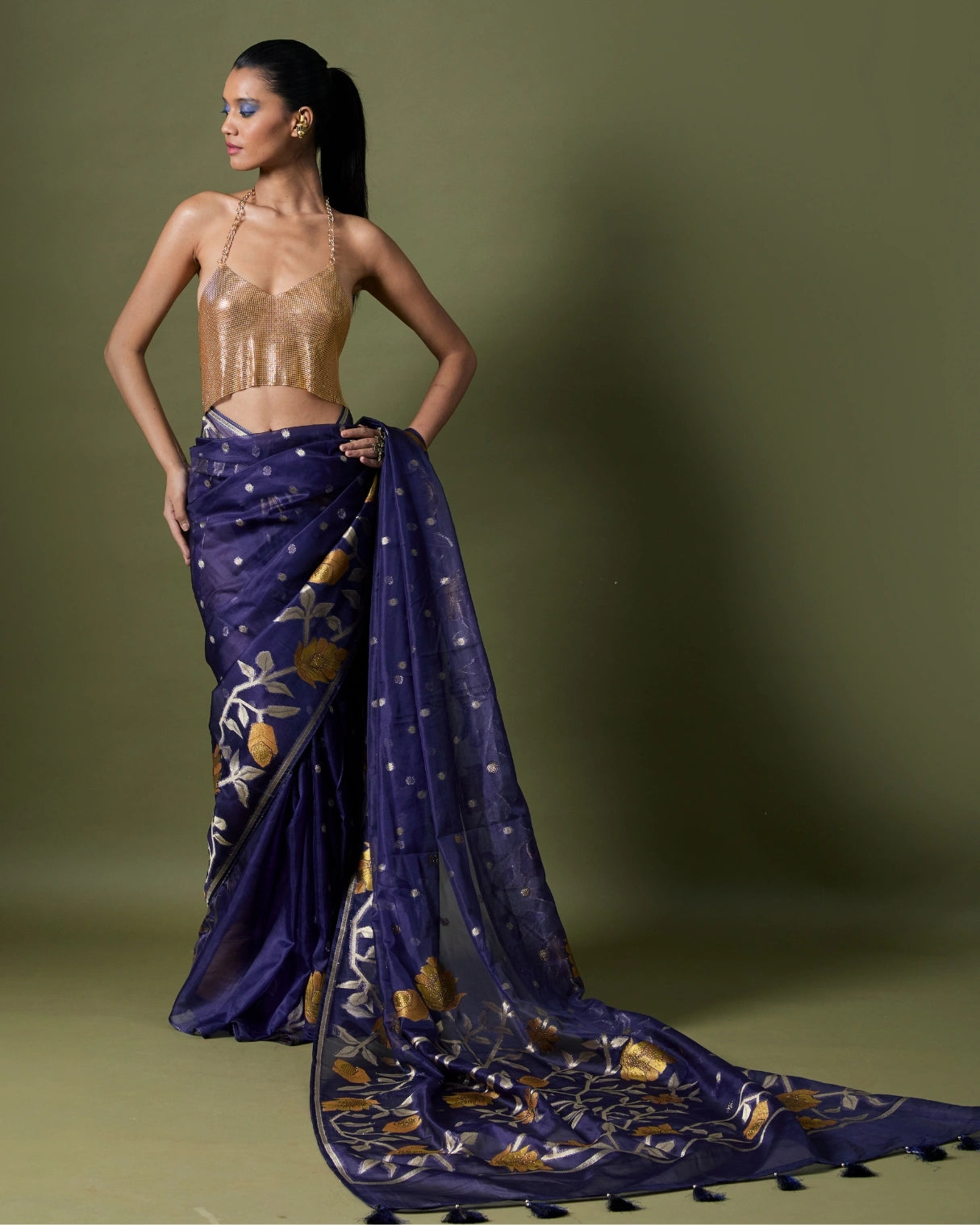 Royal Blue Silk Saree with Georgette Gold Motifs and Metallic Blouse