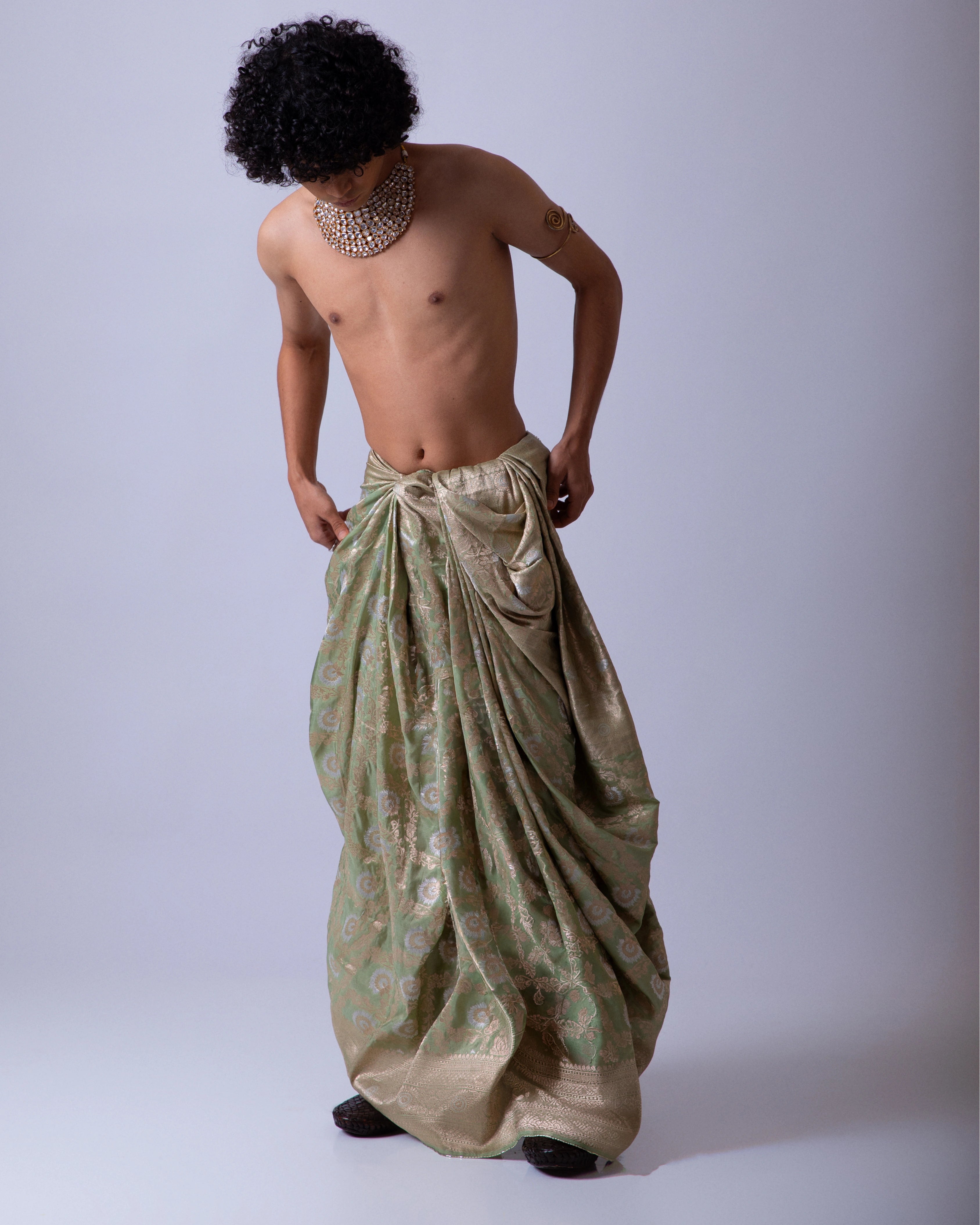 Sage Green Draped Silk Dhoti with Golden Floral Design