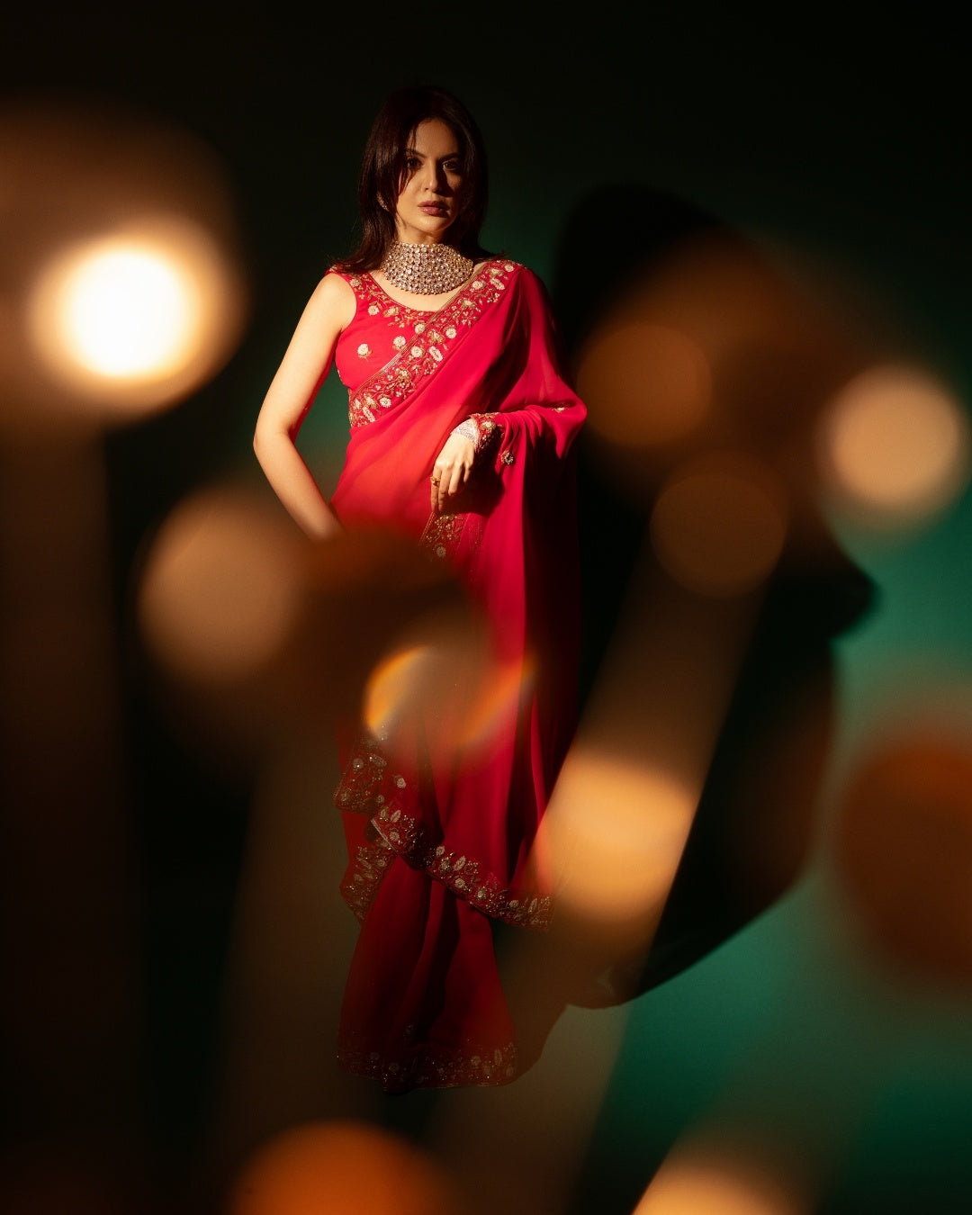 Pink Hand Embroidered Georgette Saree and Matching Floral Embroidered Blouse