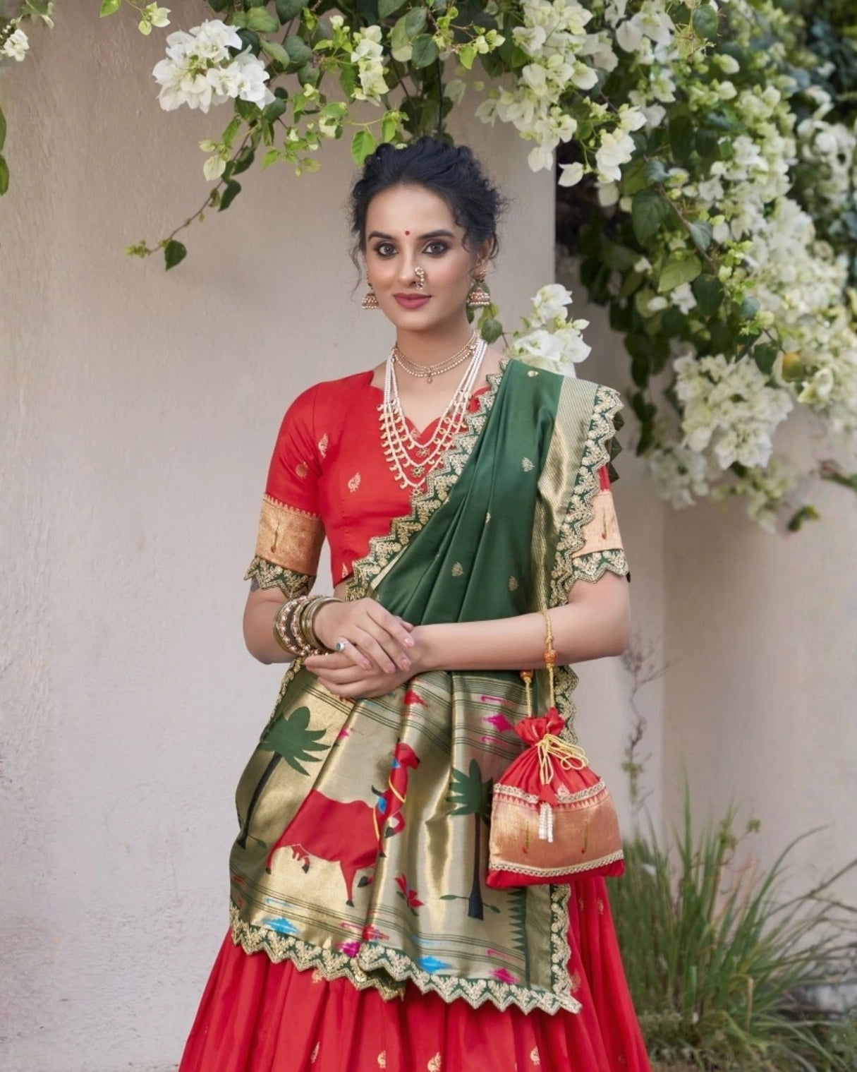Red Paithani Silk Lehenga Choli with Green Rich Zari Dupatta and Matching Blouse