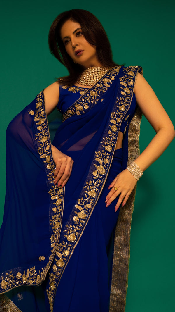 Royal Blue Hand Embroidered Georgette Saree and Matching Floral Embroidered Blouse