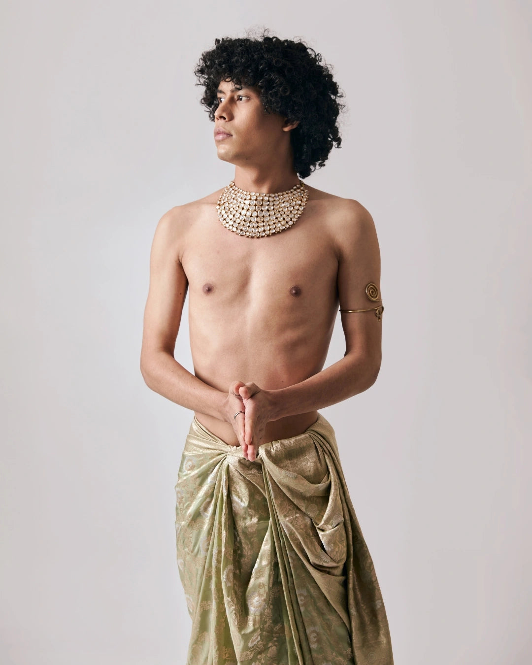 Sage Green Draped Silk Dhoti with Golden Floral Design