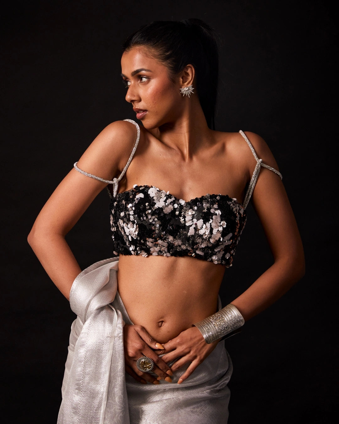 Black Floral Strap-Detailed Sequin Blouse