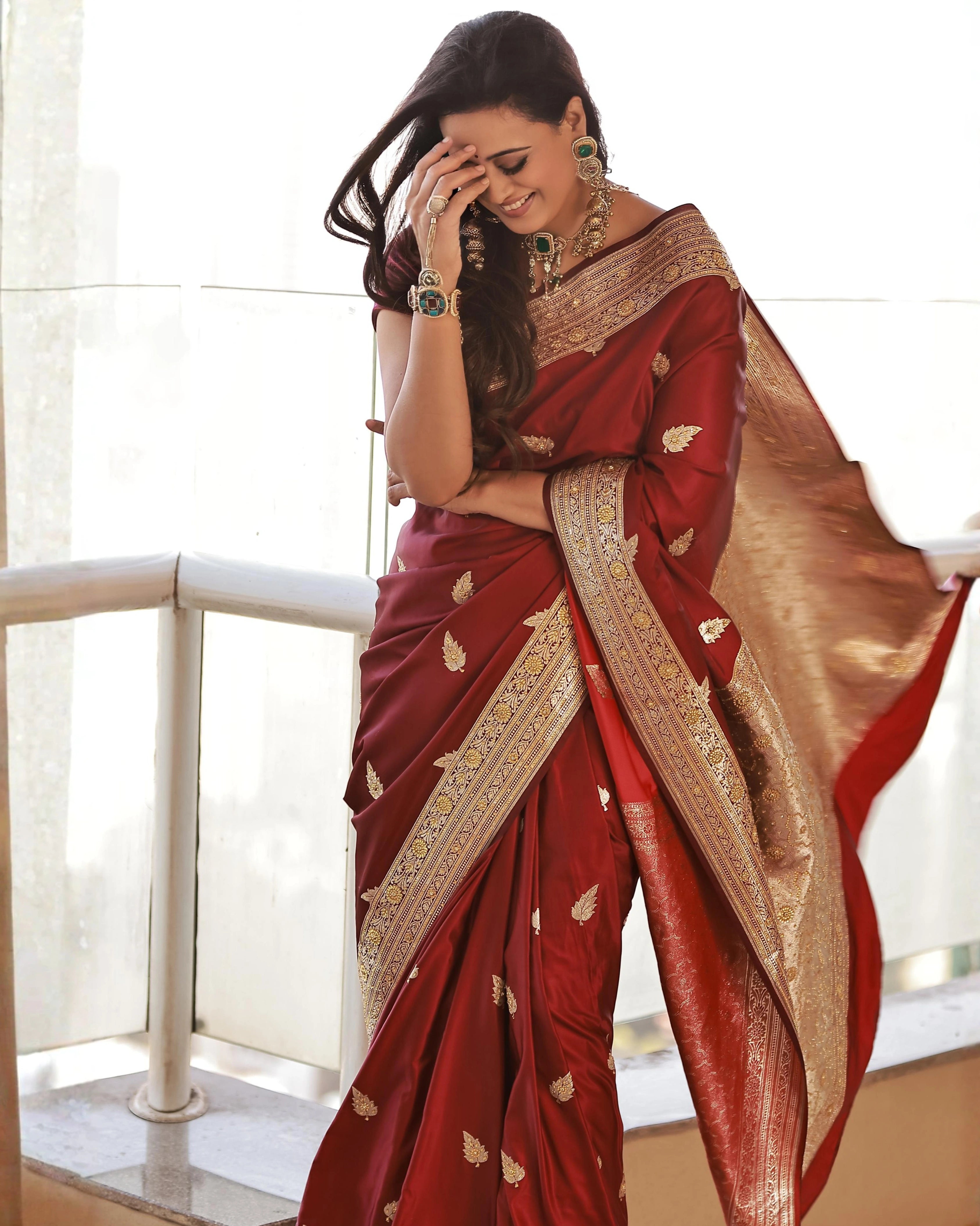 Maroon Pure Banarasi Silk Saree with All-Over Gold Zari Border Floral Leaf Design and Matching Blouse