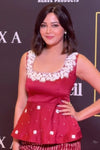 Maroon Tissue Silk Hand-Embroidered Peplum Top and  Silhouette Skirt Set