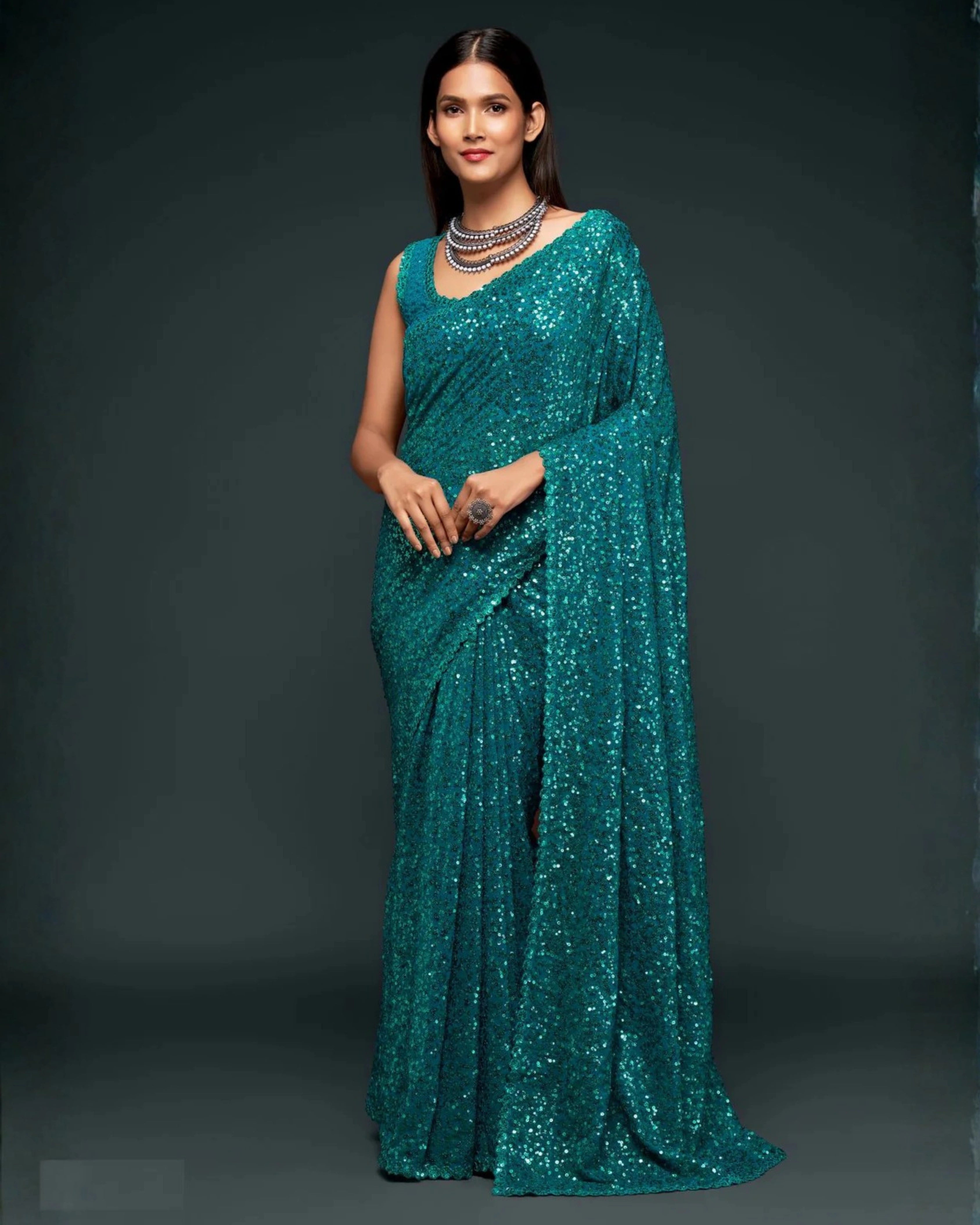 Blue Georgette Saree with All Over Shimmer Sequin Work and Matching Sequin Blouse