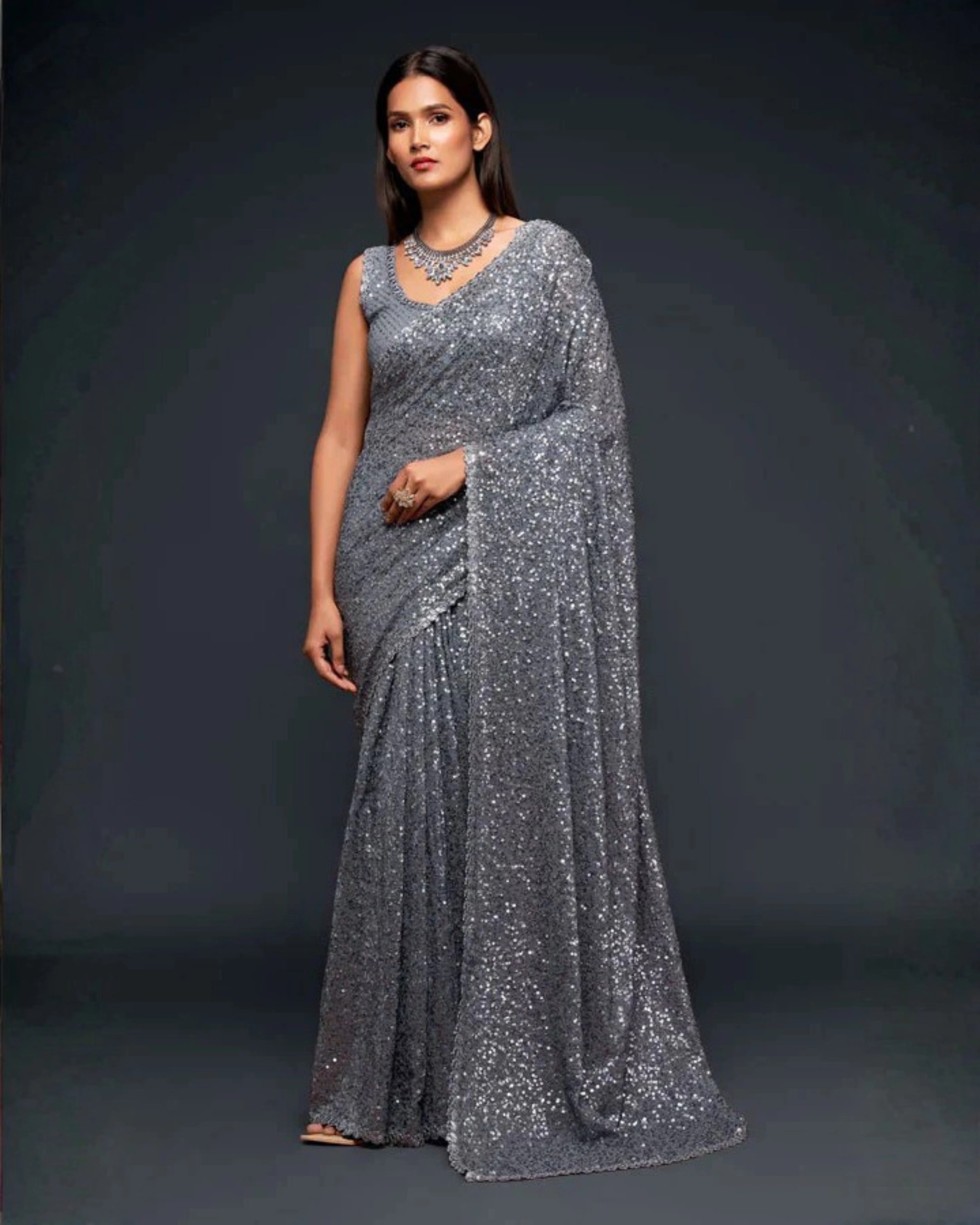 Silver Georgette Saree with All Over Shimmer Sequin Work and Matching Sequin Blouse