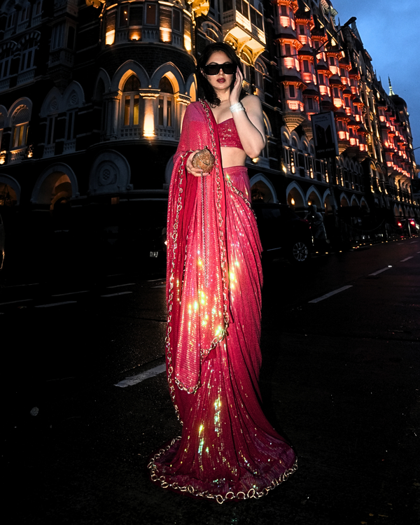 Hot Pink Sequin Georgette saree with Chain Border Work and Matching Blouse