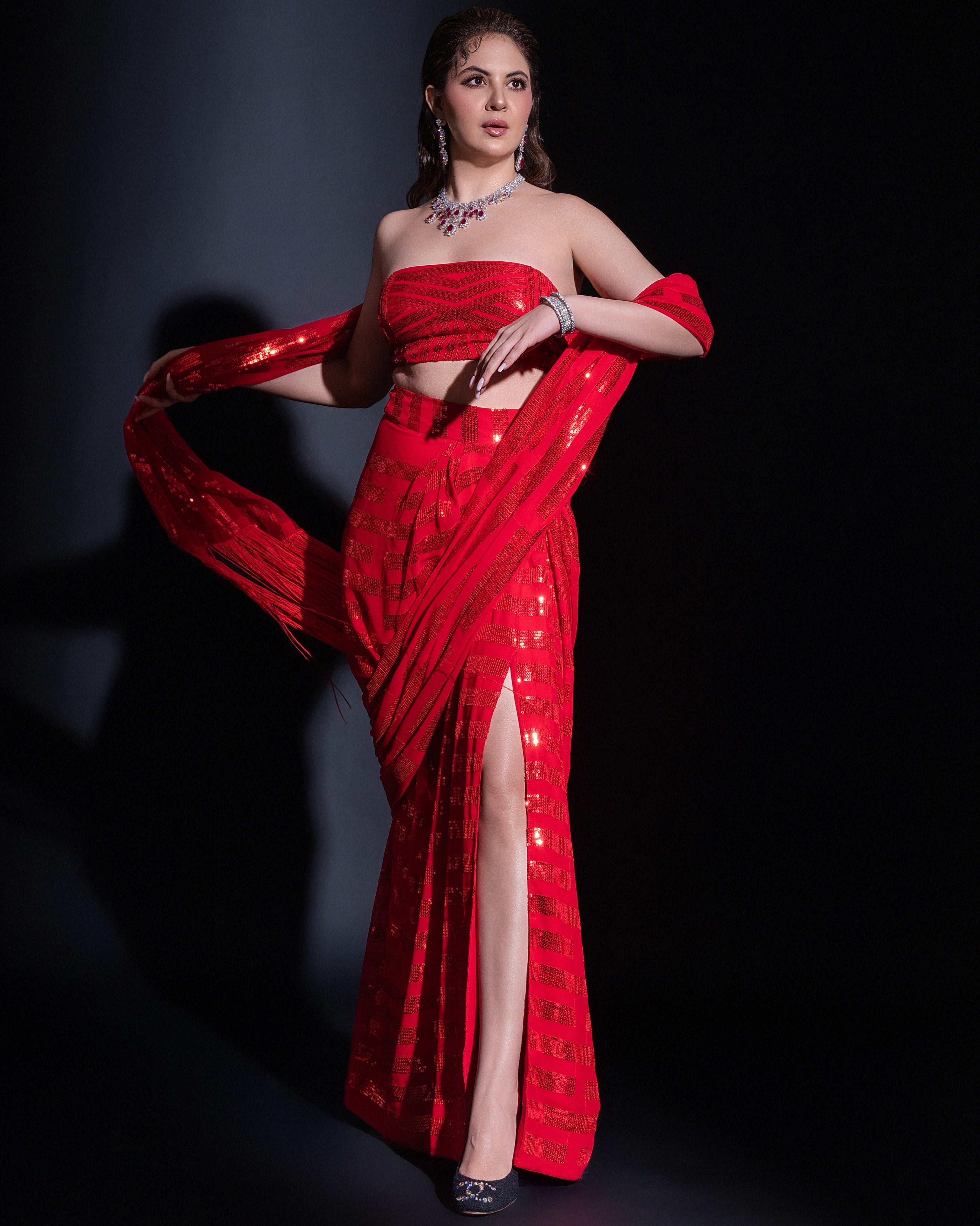 Crimson Red Georgette Sequin Per Drap Saree with Matching Blouse