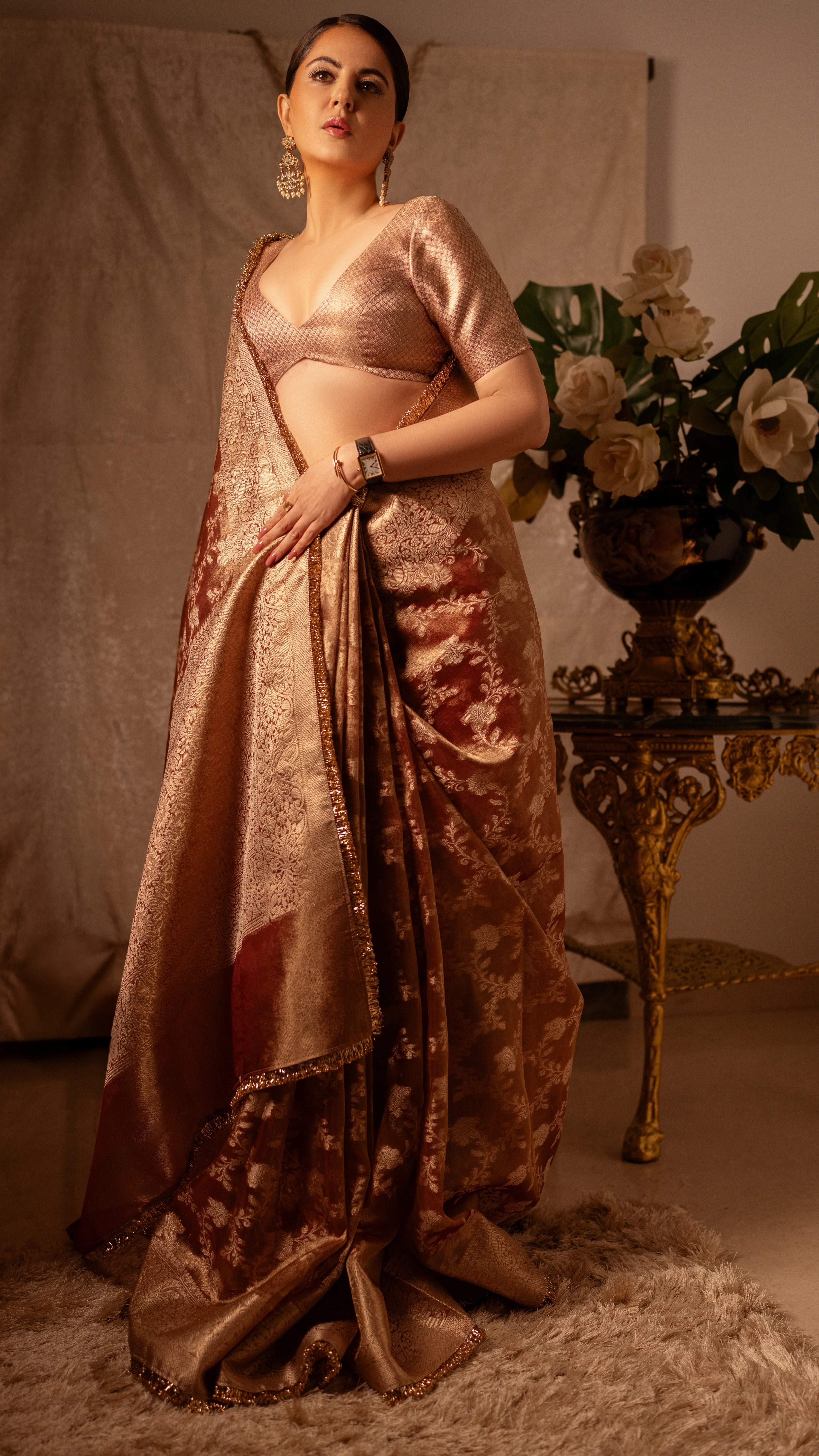 Orange Banarasi Silk Saree with Pure Gold Zari Floral Weaving and Matching Checked Blouse