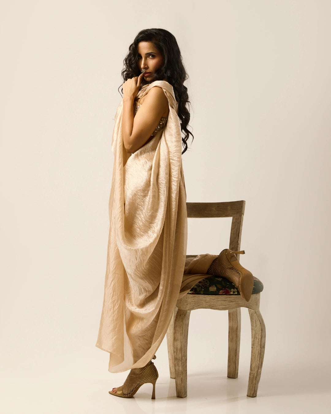 Champagne Semi Silk Saree with Hand-Embroidered Strapless Sequins Blouse