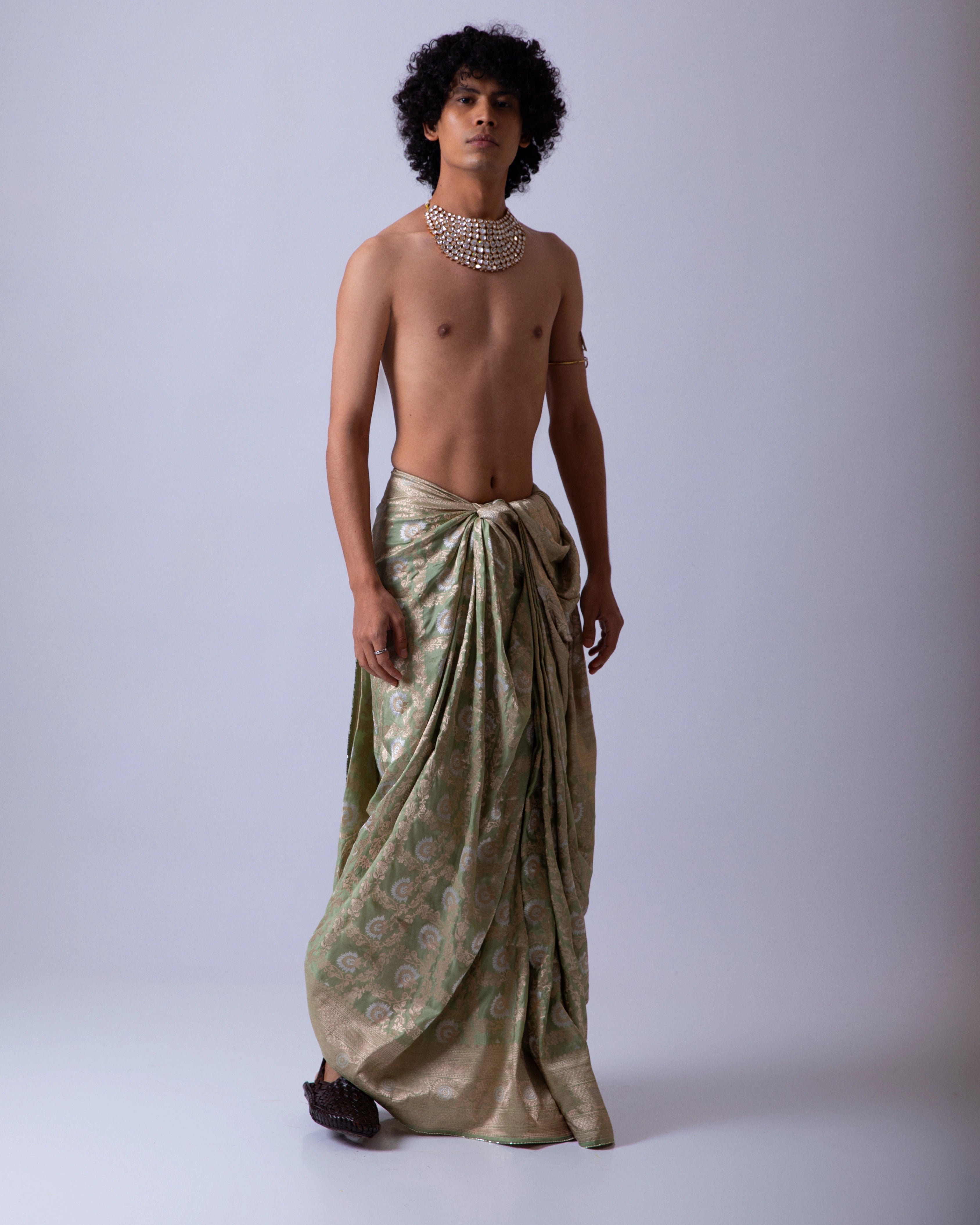 Sage Green Draped Silk Dhoti with Golden Floral Design