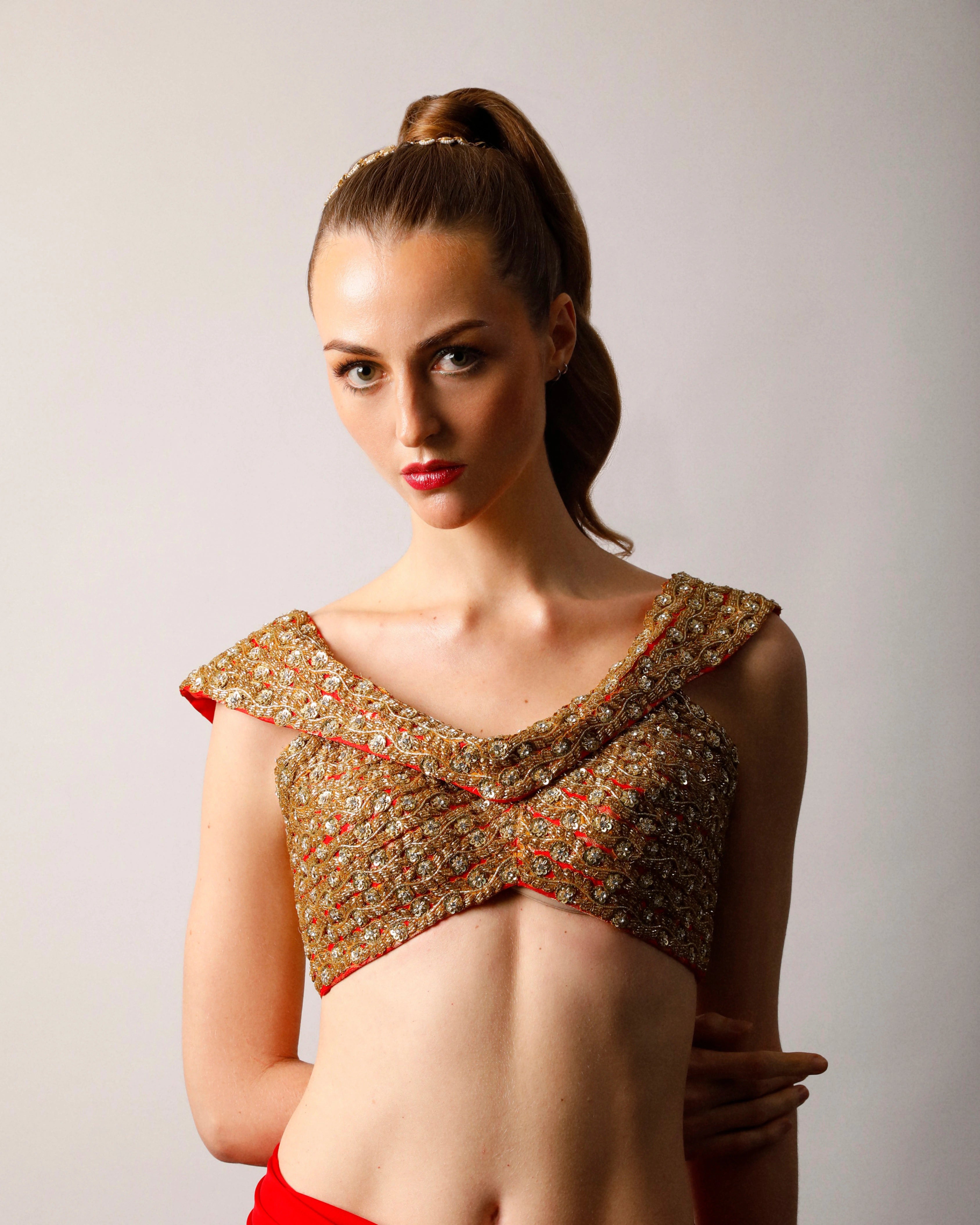 Red Semi Silk Saree Set with Gold Zari Sequin Blouse