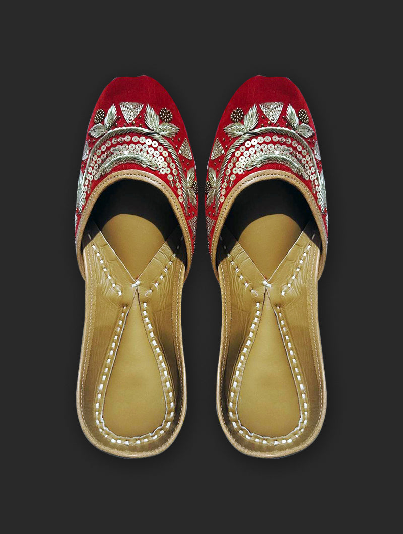 Bridal Red Zariwork Juttis with Sequin - Nonita Fashion