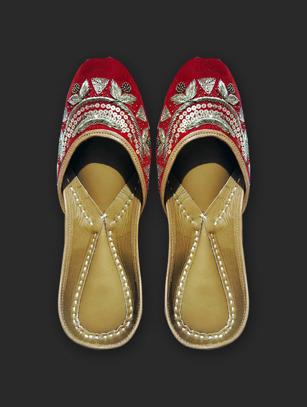 Bridal Red Zariwork Juttis with Sequin - Nonita Fashion