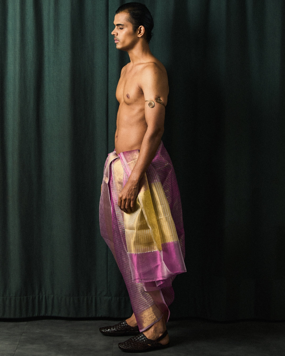 Baby Pink Tissue Draped Dhoti with Gold Border and Ivory Dupatta