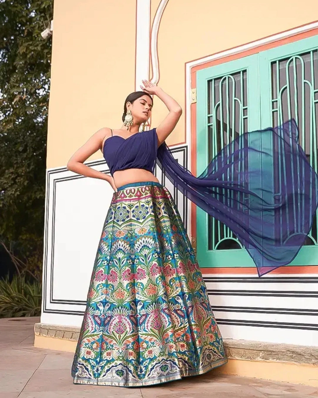 Blue Banarasi Silk Lehenga with Brocade Pattern & Net Dupatta