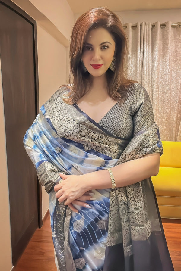 Blue and White Dupion Silk Tie Dye Pure Banarasi Saree