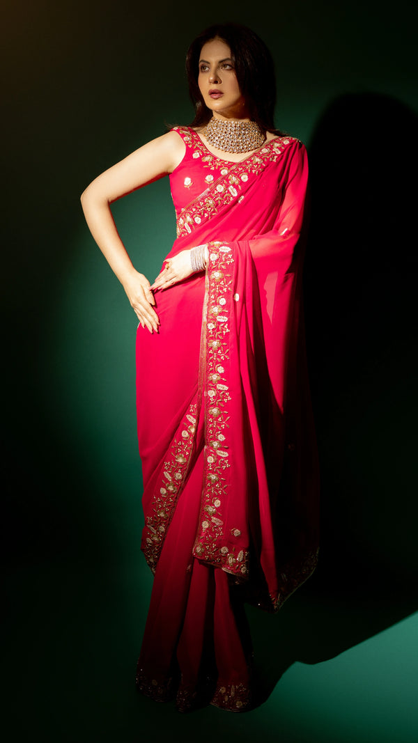 Pink Hand Embroidered Georgette Saree and Matching Floral Embroidered Blouse