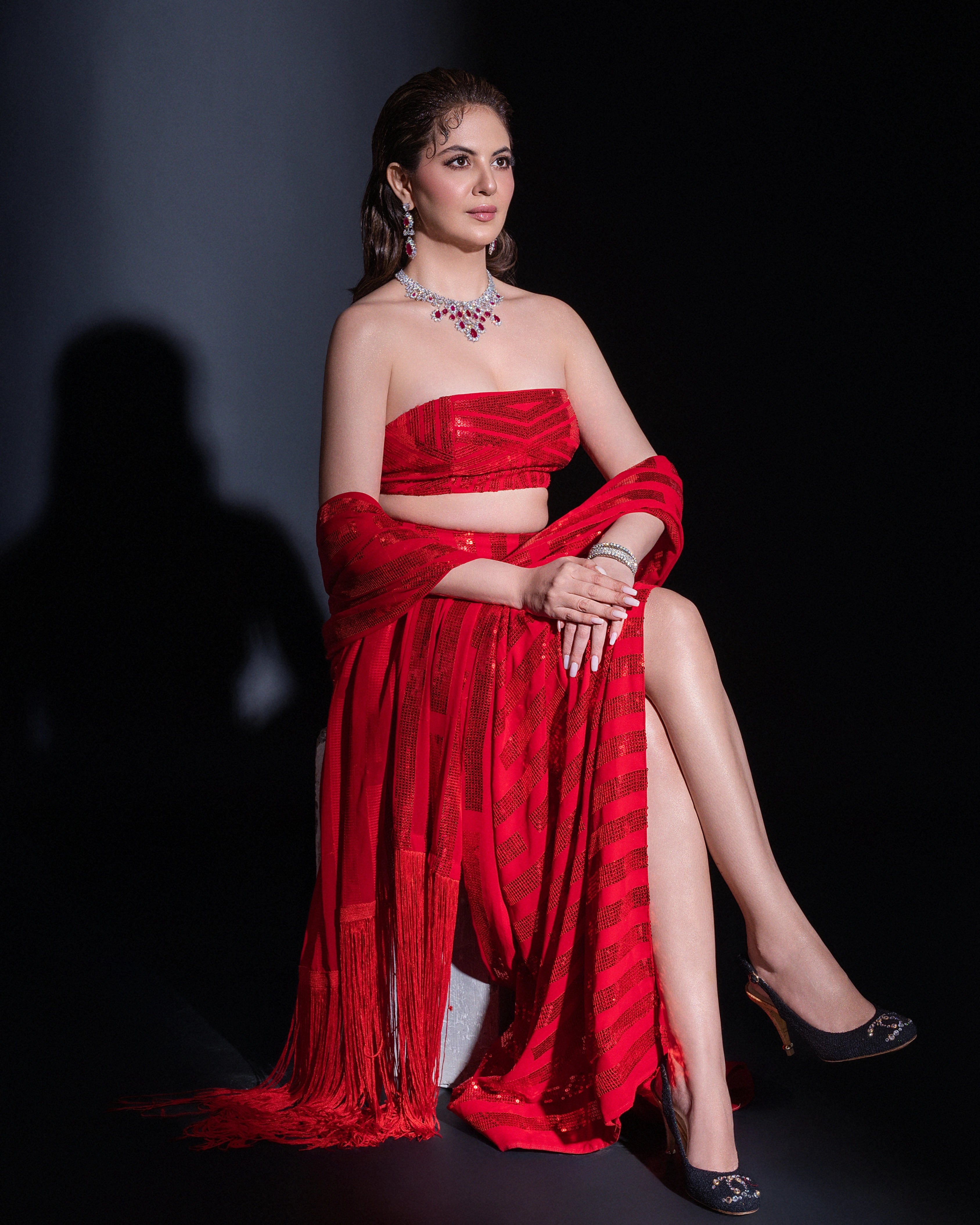 Crimson Red Georgette Sequin Per Drap Saree with Matching Blouse