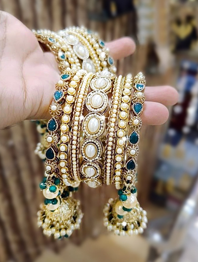 Emerald Enchantment Bangles with Gold Accents, Moti detailing, and Zarkan work - Nonita Fashion