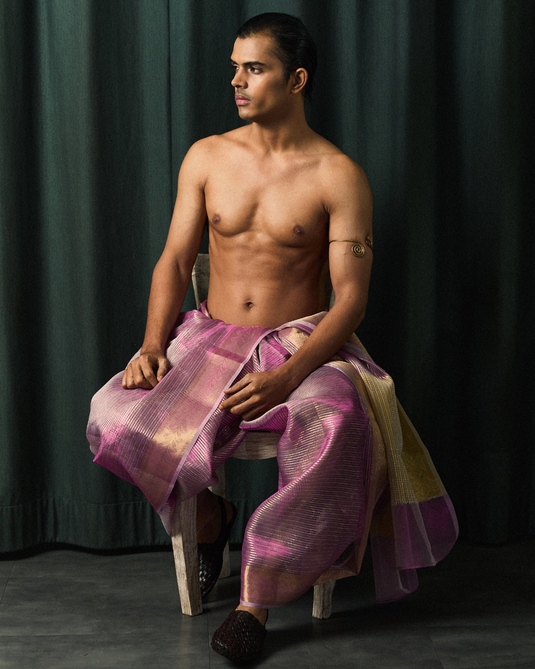 Baby Pink Tissue Draped Dhoti with Gold Border and Ivory Dupatta