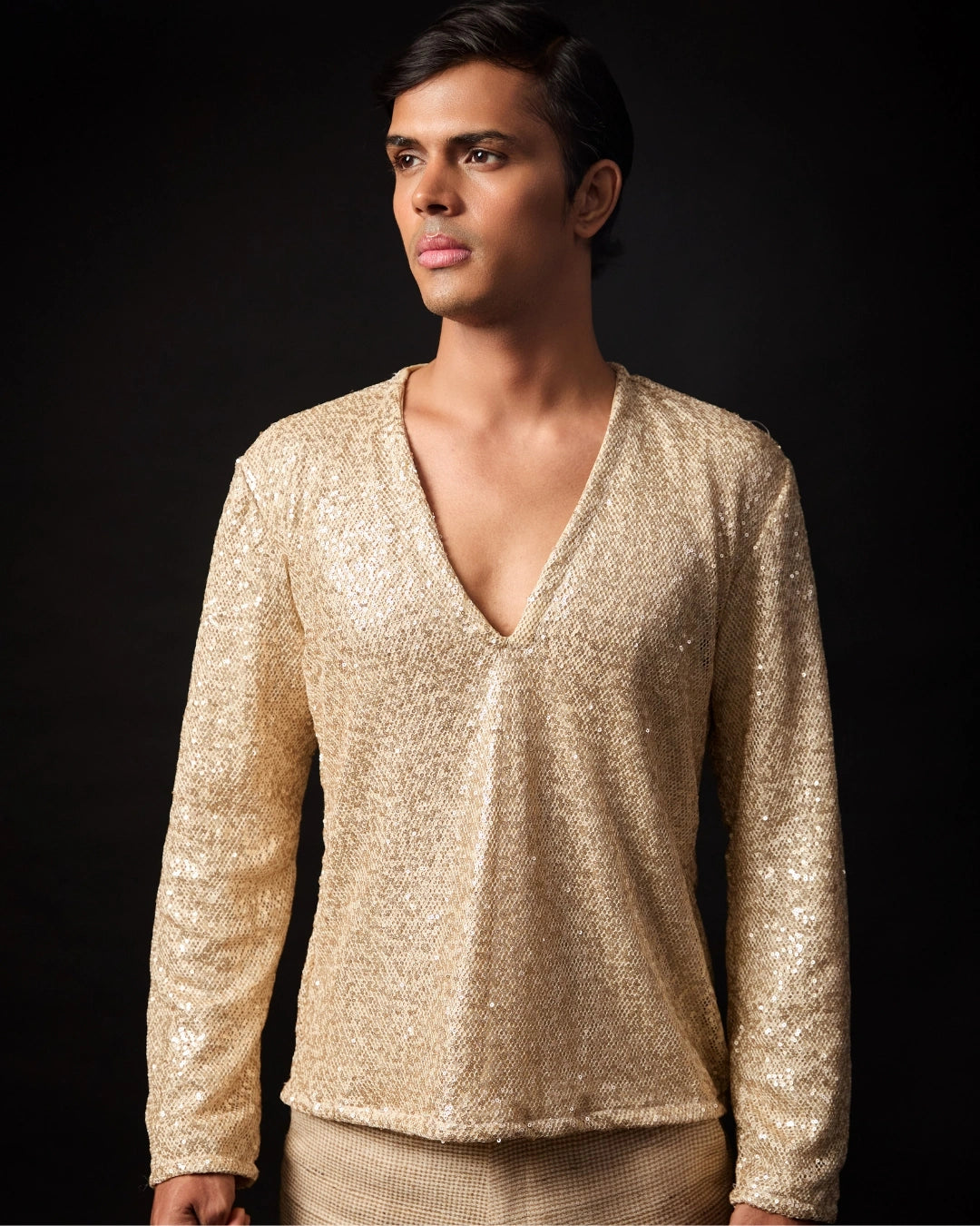 Gold Sequin Deep V-Neck Short Kurta with Jute Tailored Straight-Fit Pants