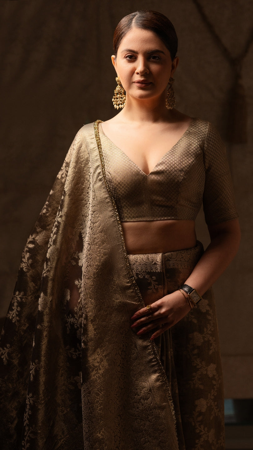 Grey Banarasi Silk Saree with Pure Gold Zari Floral Weaving and Matching Checked Blouse