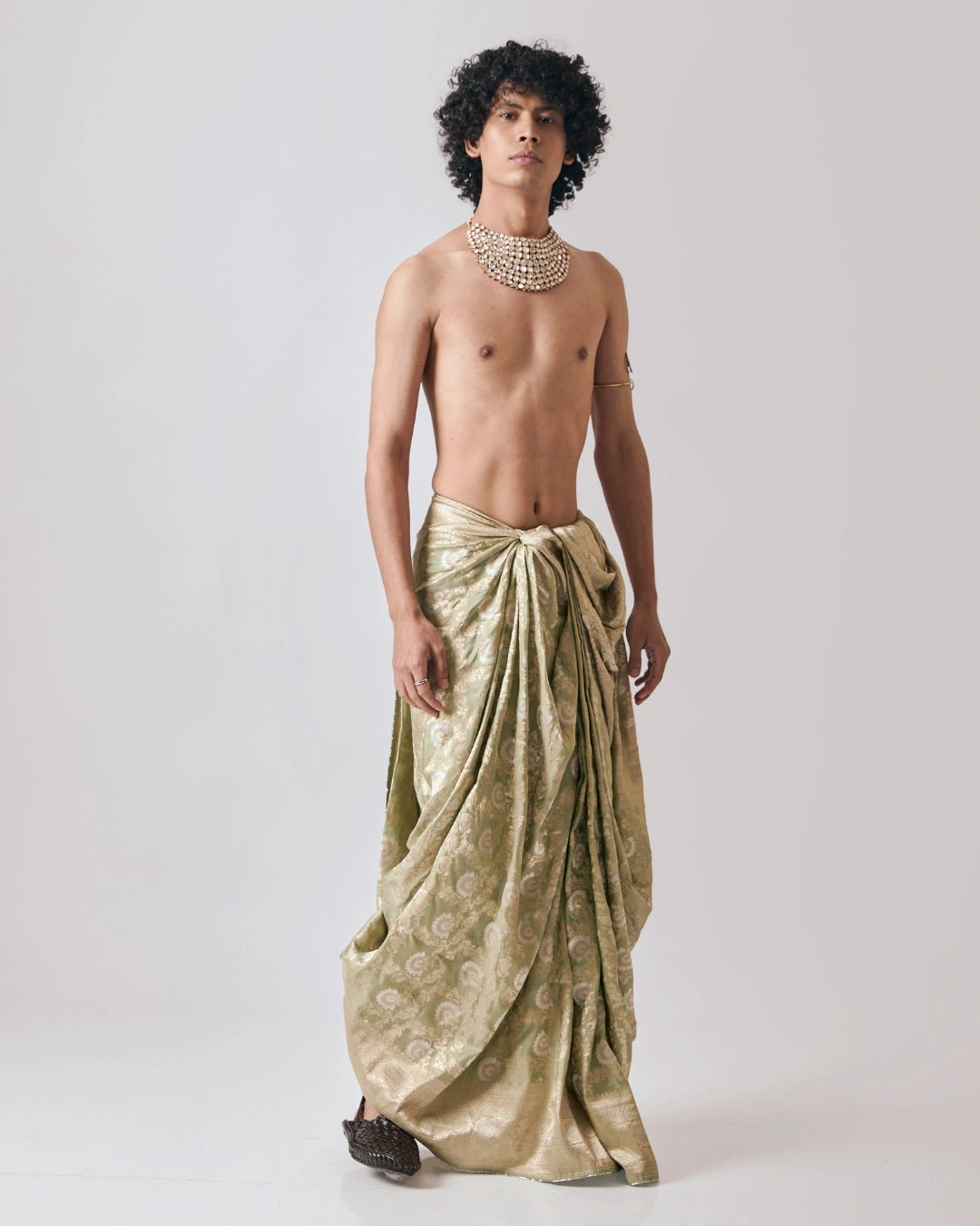 Sage Green Draped Silk Dhoti with Golden Floral Design