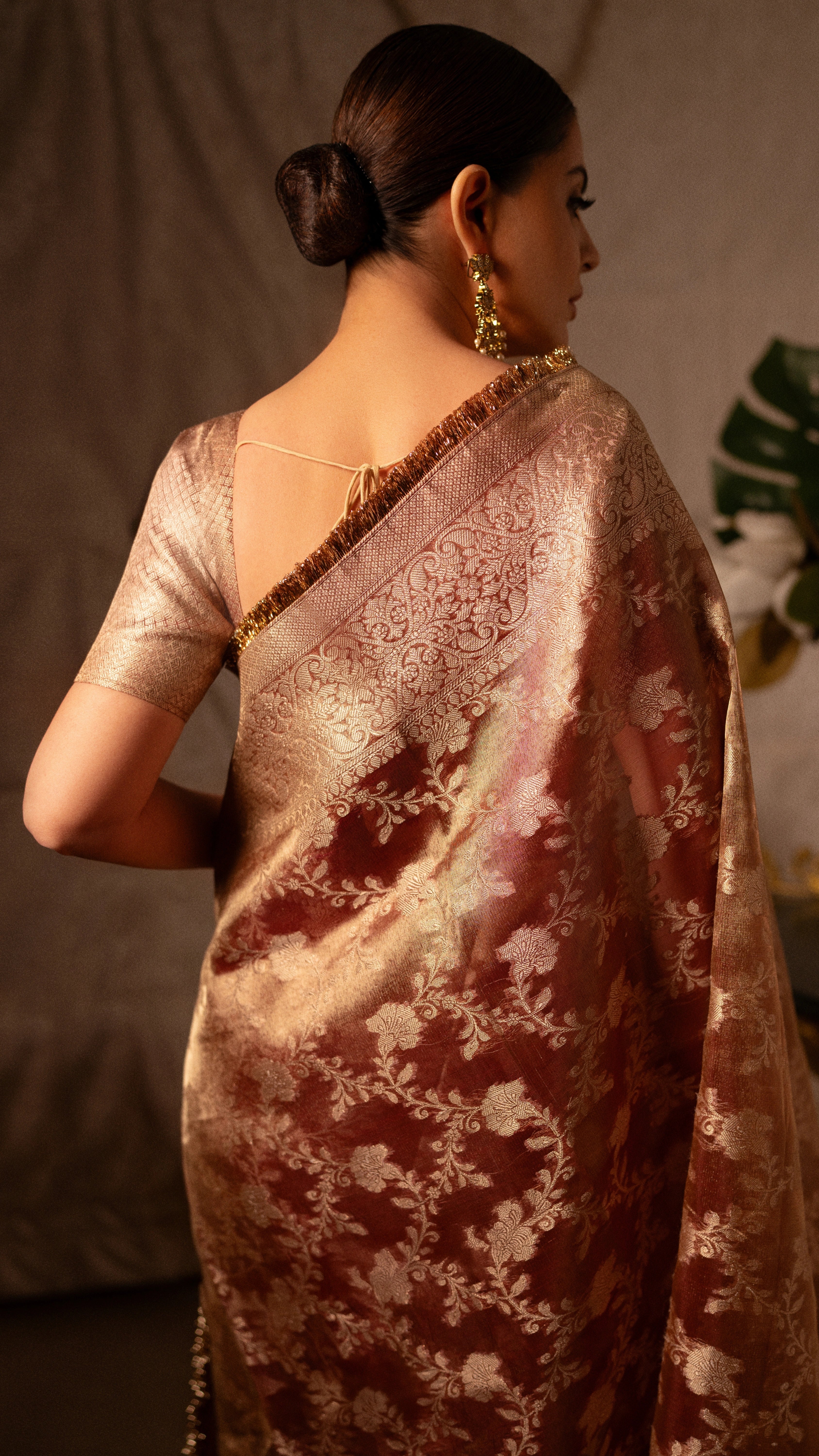 Orange Banarasi Silk Saree with Pure Gold Zari Floral Weaving and Matching Checked Blouse
