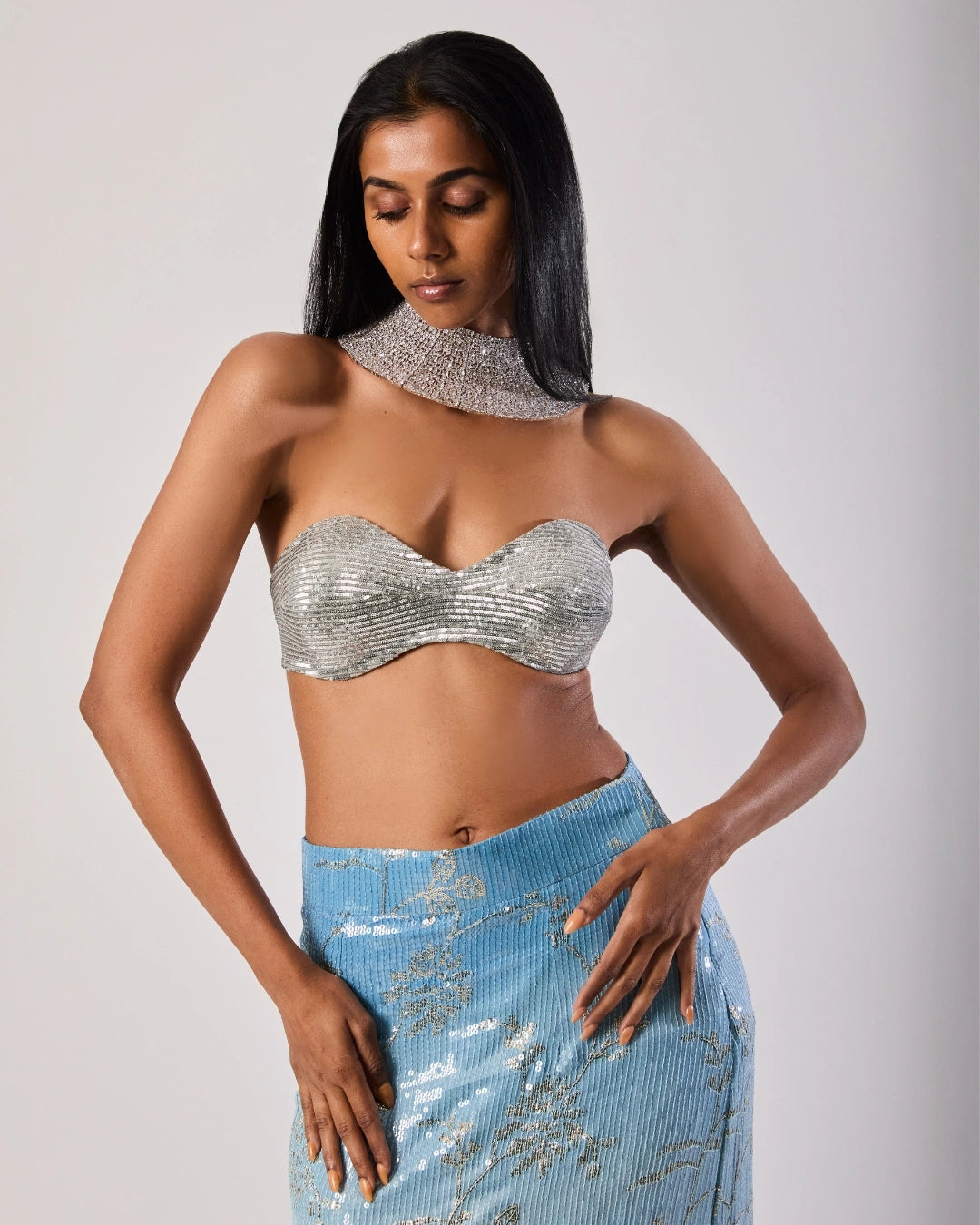 Silver Georgette Sequin Bandeau Blouse