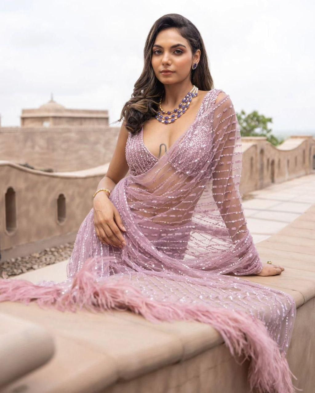 Lilac Dream Feather Kissed Tulle Saree - Nonita Fashion