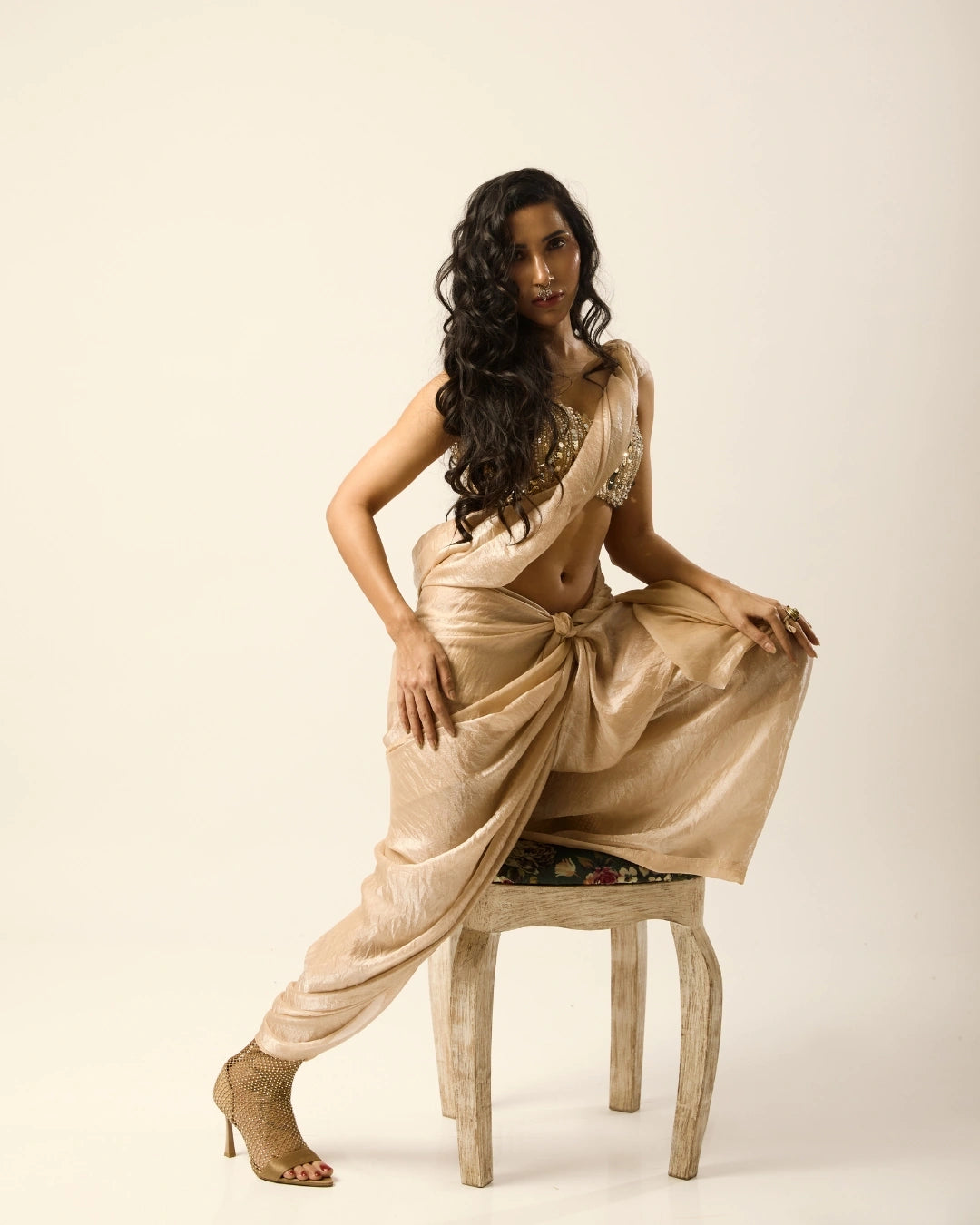 Champagne Semi Silk Saree with Hand-Embroidered Strapless Sequins Blouse