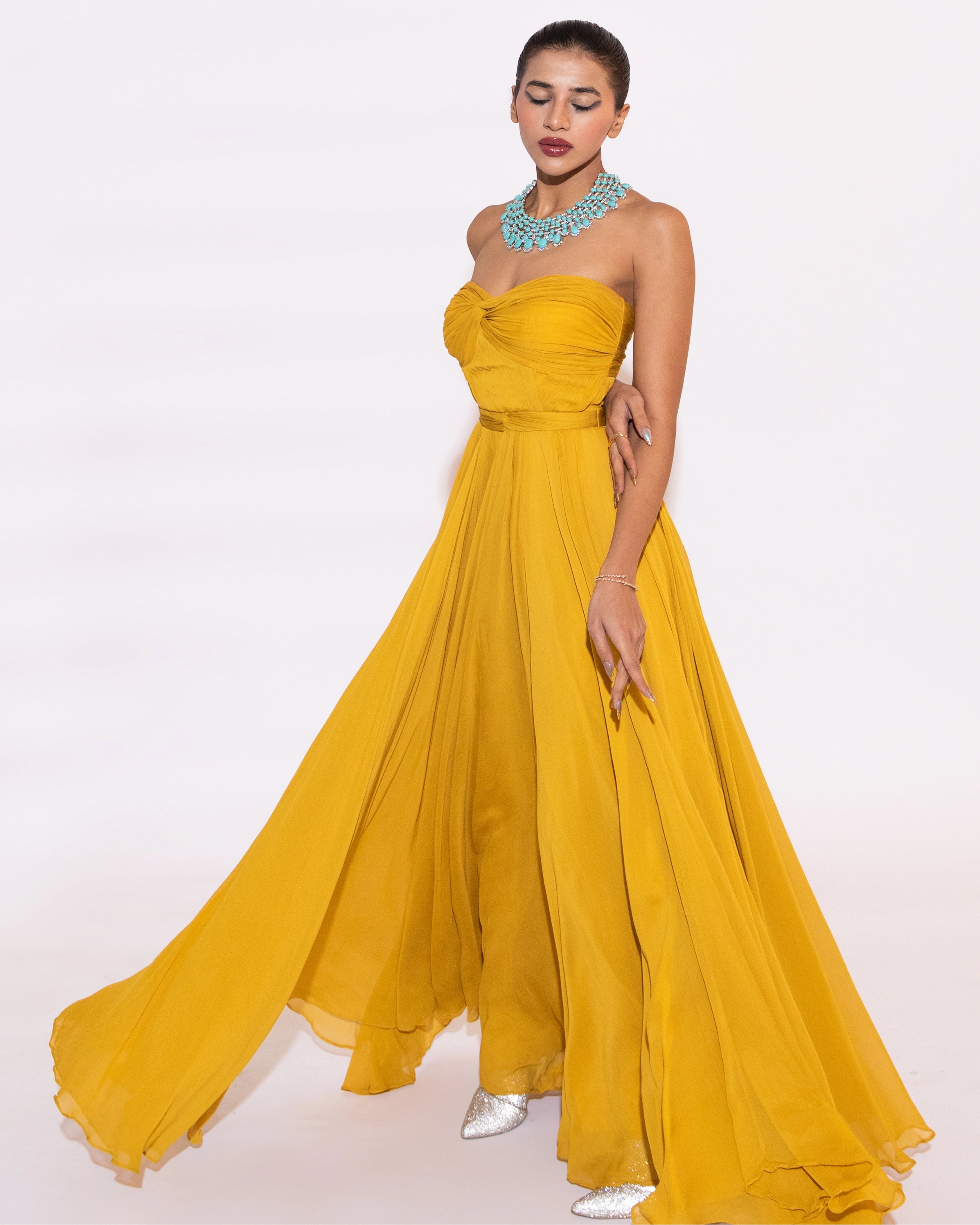 Yellow Georgette Flowing Strapless Gown with Strapless Bodice Dress